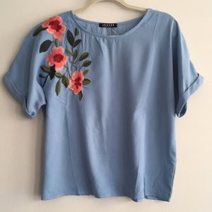 Jeuvre embroidered floral boxy top blouse L